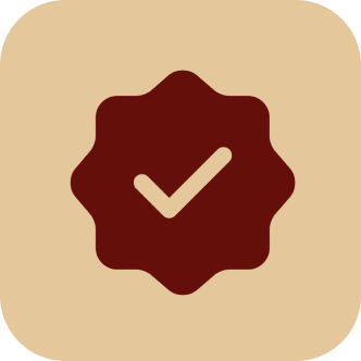 Checkmark badge on a beige background.